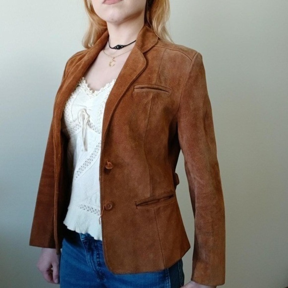 True vintage 70s camel brown 100% suede leather jacket,‎ women's size small